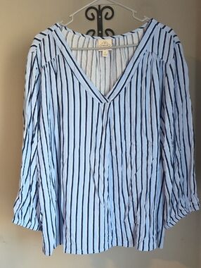Striped V-Neck Linen Blouse in Light Blue and Navy Size 2X